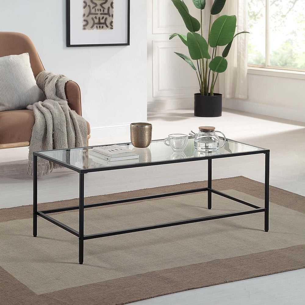 Black Coffee Table, Tempered Glass Wide Rectangle, Black