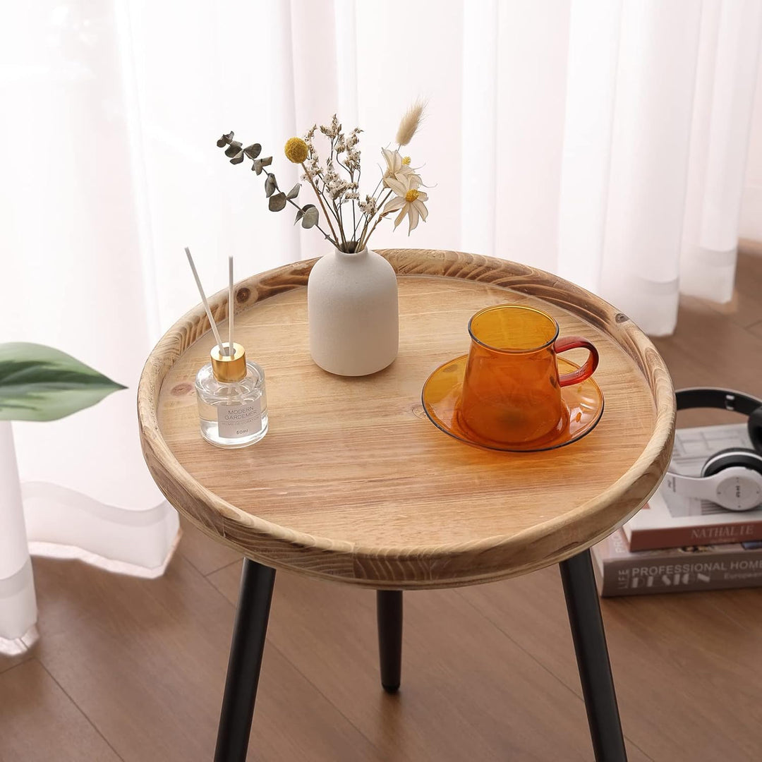 Round End Table, Side Table Nightstand with Wooden Tray