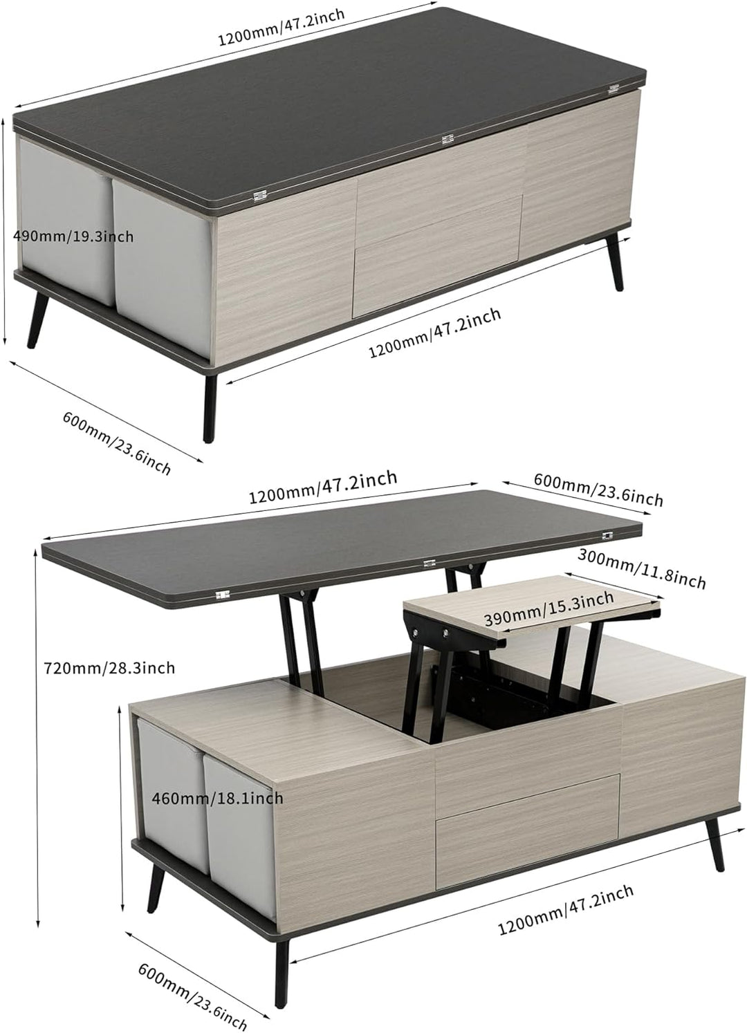 Lift Top Coffee Table Set with Storage and Ottomans, Dark Gray