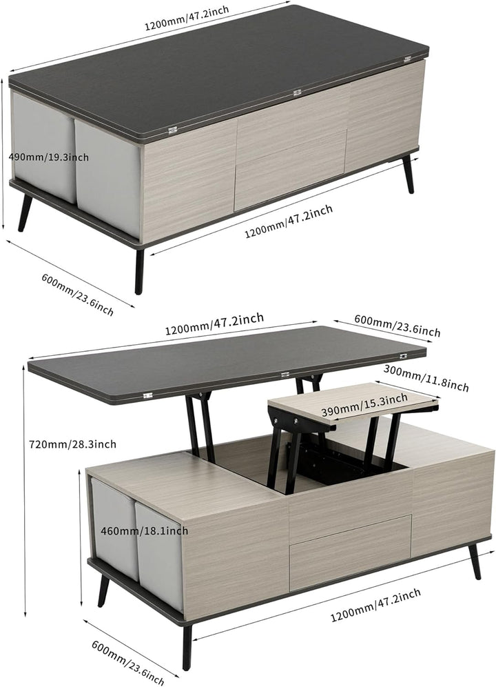 Lift Top Coffee Table Set with Storage and Ottomans, Dark Gray