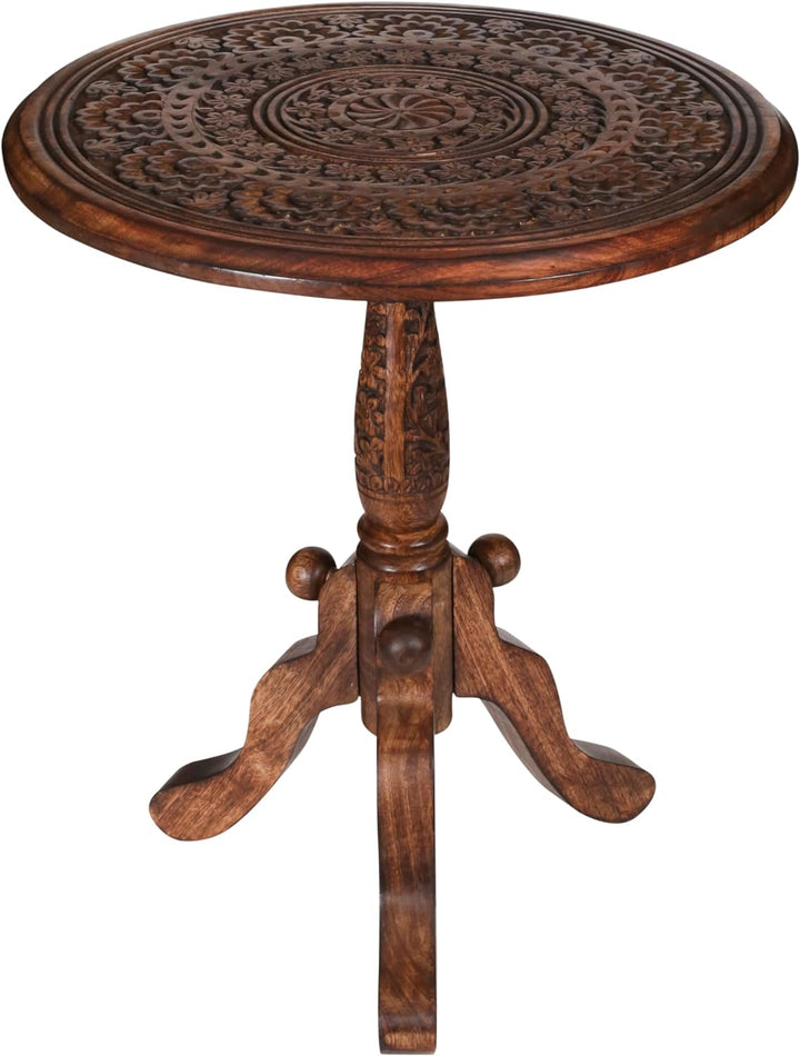 Round Carved Wood Accent Table with Pedestal Base