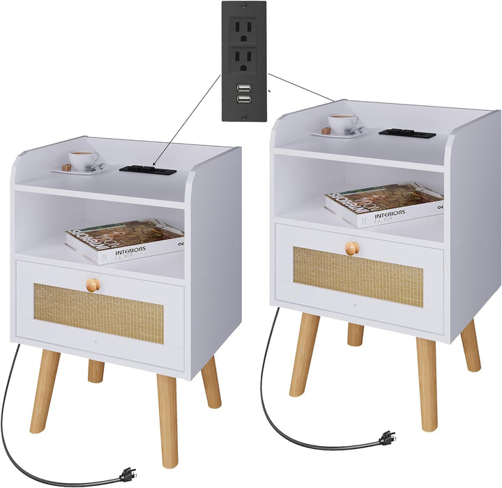 Nightstand Set of 2 with Charging Station, Rattan Drawer