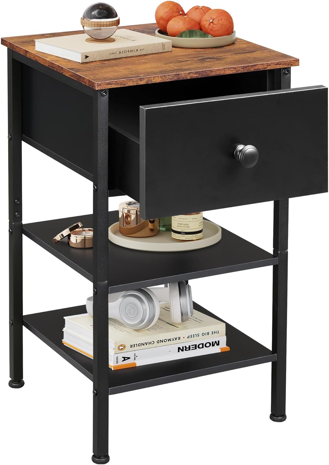 Nightstand, 3-Tier, Black, Adjustable Drawer