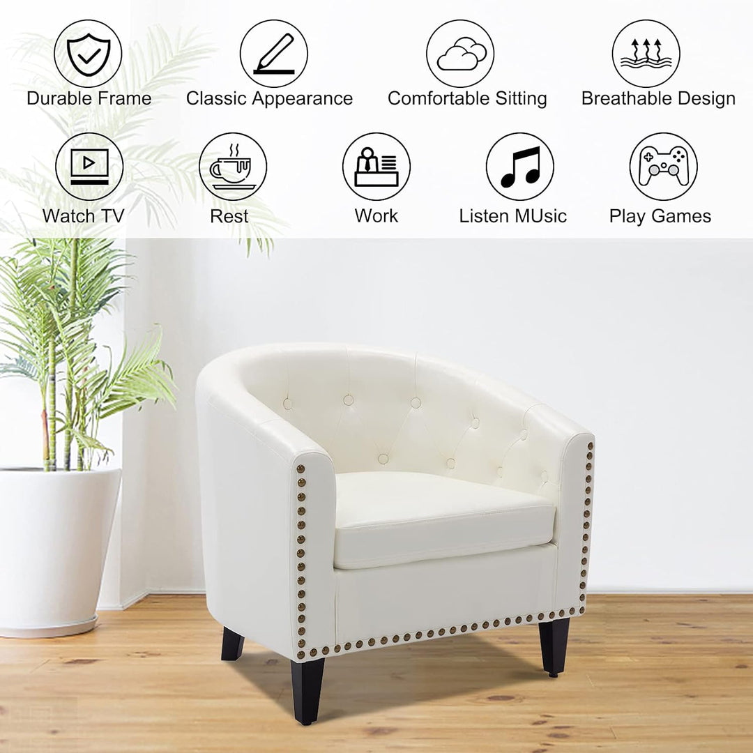 Armchair Barrel Club Chair,Modern PU Leather Accent Chair Arm Club Chair w/Nailheads and Solid Wood Legs,Tub Barrel Style Lounge Chair for Living Room Bedroom Reception Room (White)