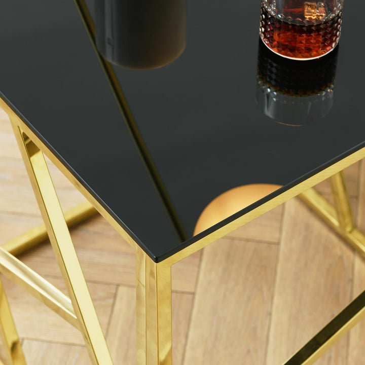 Modern Rectangular Glass Coffee Table, Black Tempered Glass Top, Gold