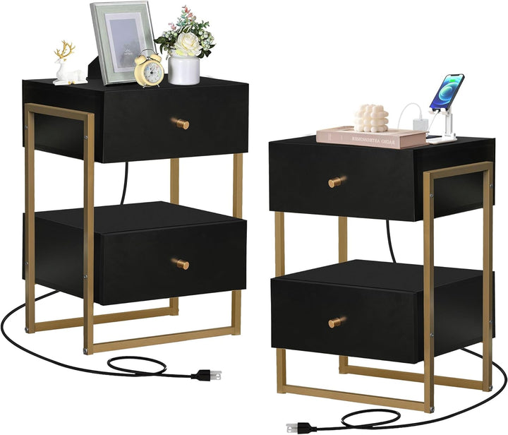 Nightstand Set of 2, USB Ports, Outlets, Modern Farmhouse