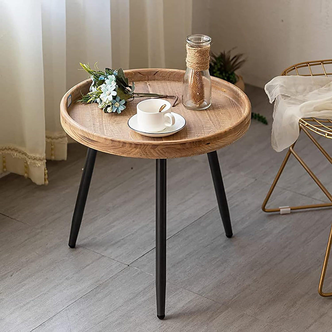 Round End Table, Side Table Nightstand with Wooden Tray