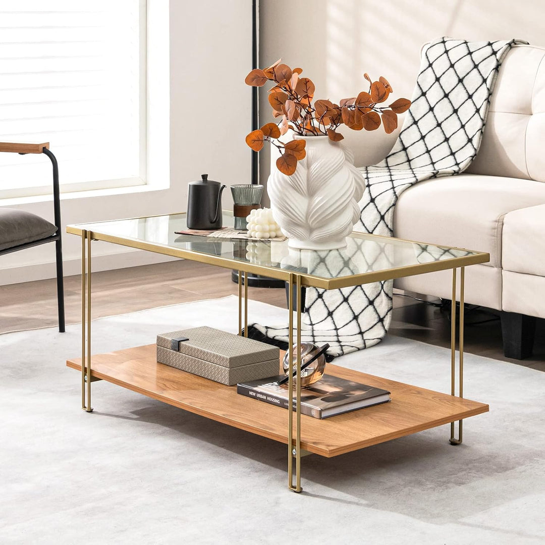 Tangkula Mid Century 2-Tier Rectangle Coffee Table, Gold