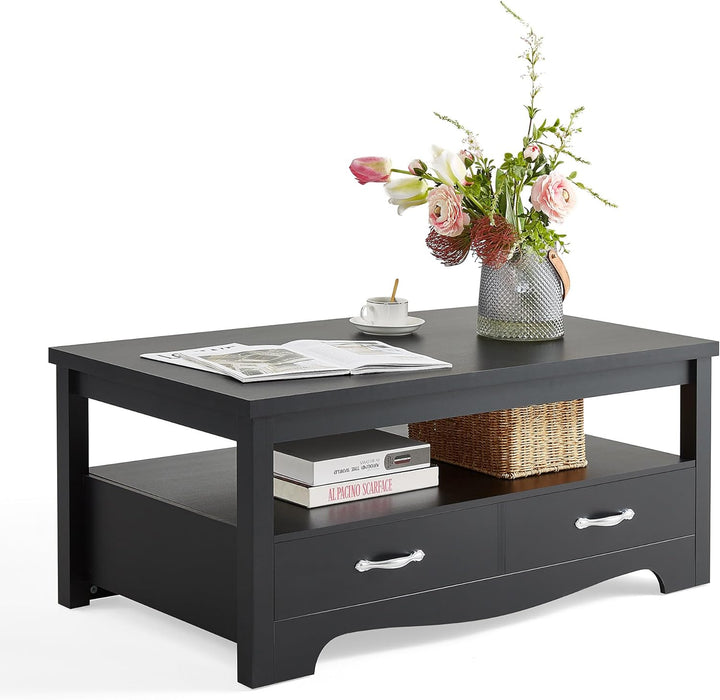 Farmhouse Coffee Table with Storage, Wood Coffee Table, Black