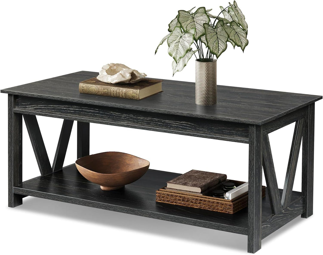 Farmhouse Coffee Table with Storage, 43-inch Wood Center Table, Charcoal Black