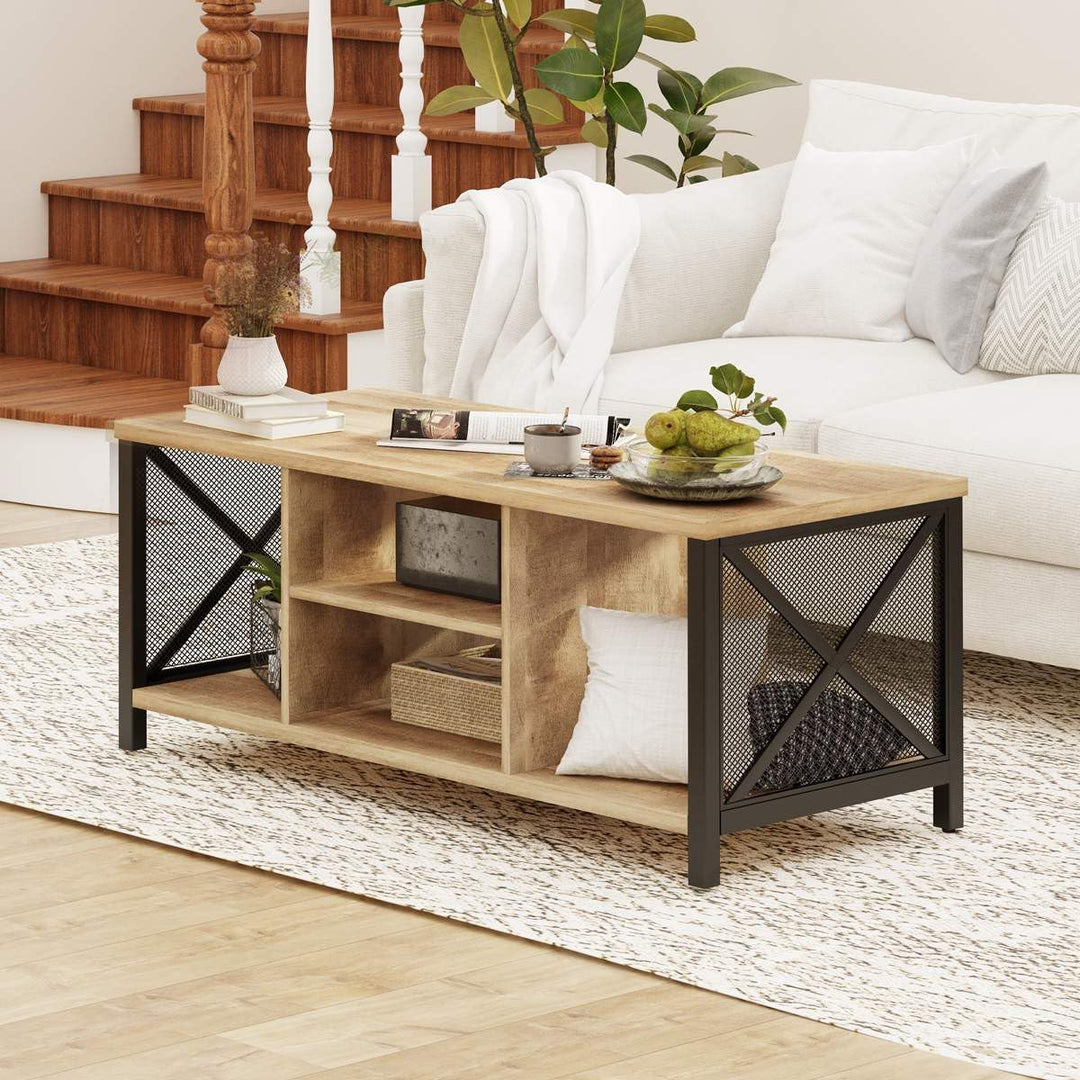 Rustic Wood Coffee Table w/ Shelves, Farmhouse Rectangle Tea Tables, Rustic Oak