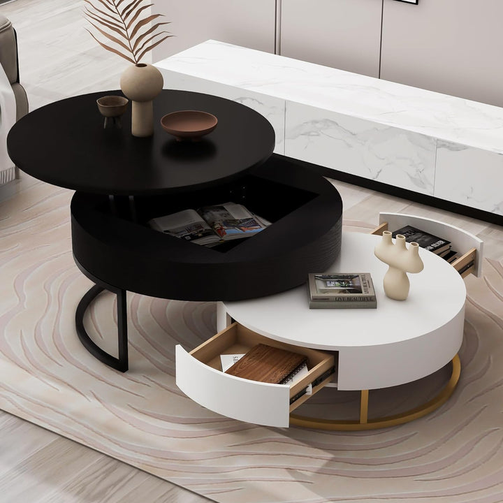 LUMISOL Lift Top Coffee Table Set, Nesting Round Tables, Hidden Storage, Whiteblack