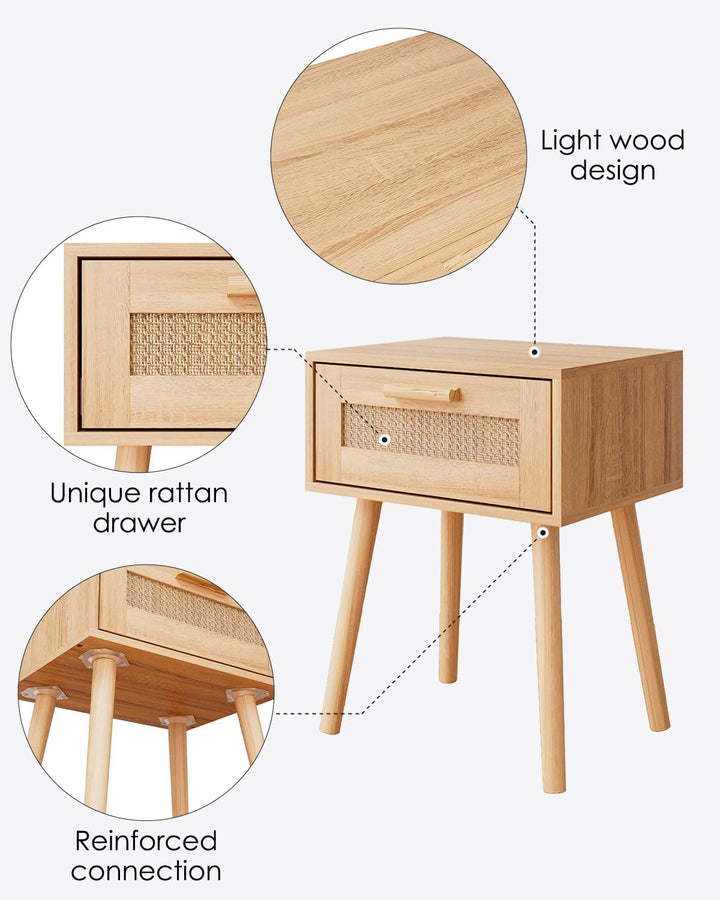 Wooden Nightstands with Rattan Weaving Drawer