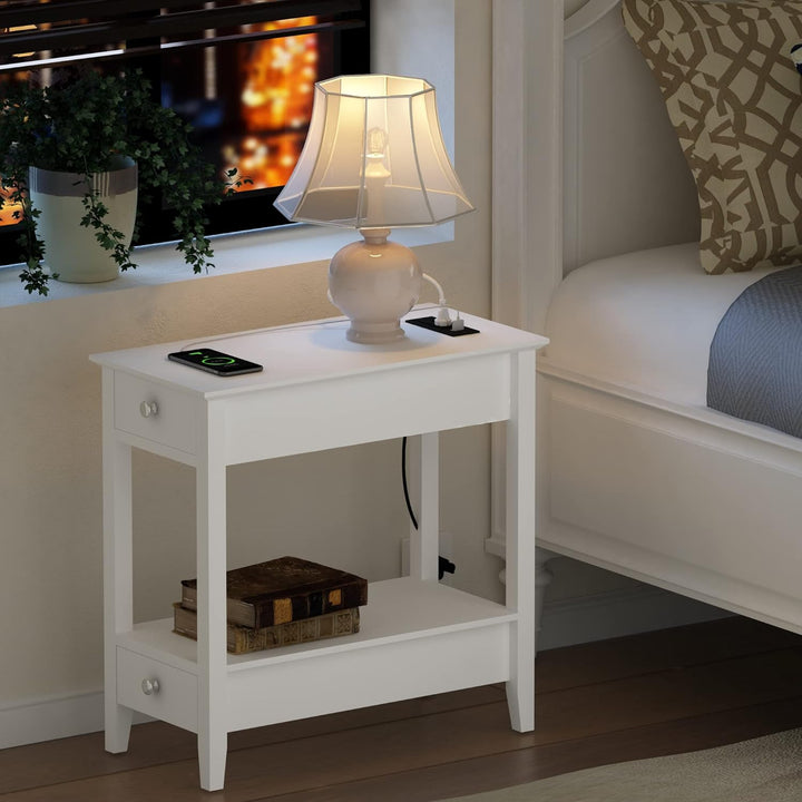 Side Table with Charging Station, 2-Drawer Nightstand