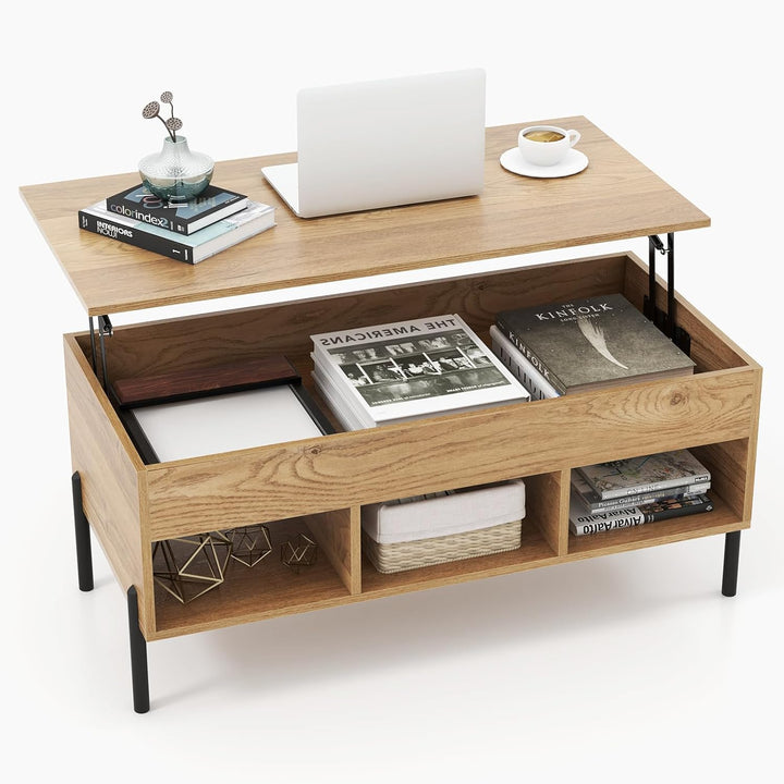 Lift Top Coffee Table with Hidden Compartment, Multifunctional Wood Dining Table, Natural