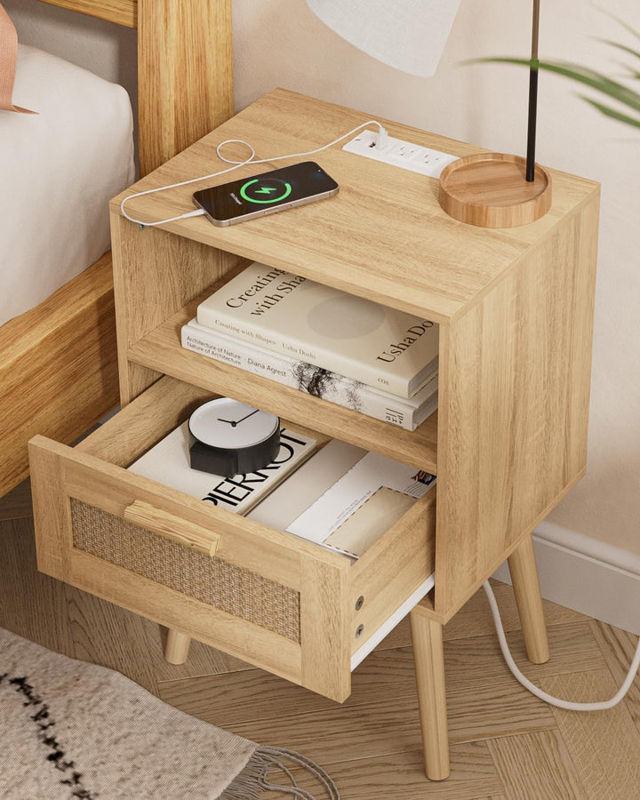 Nightstands with Charging Station, Rattan Drawers