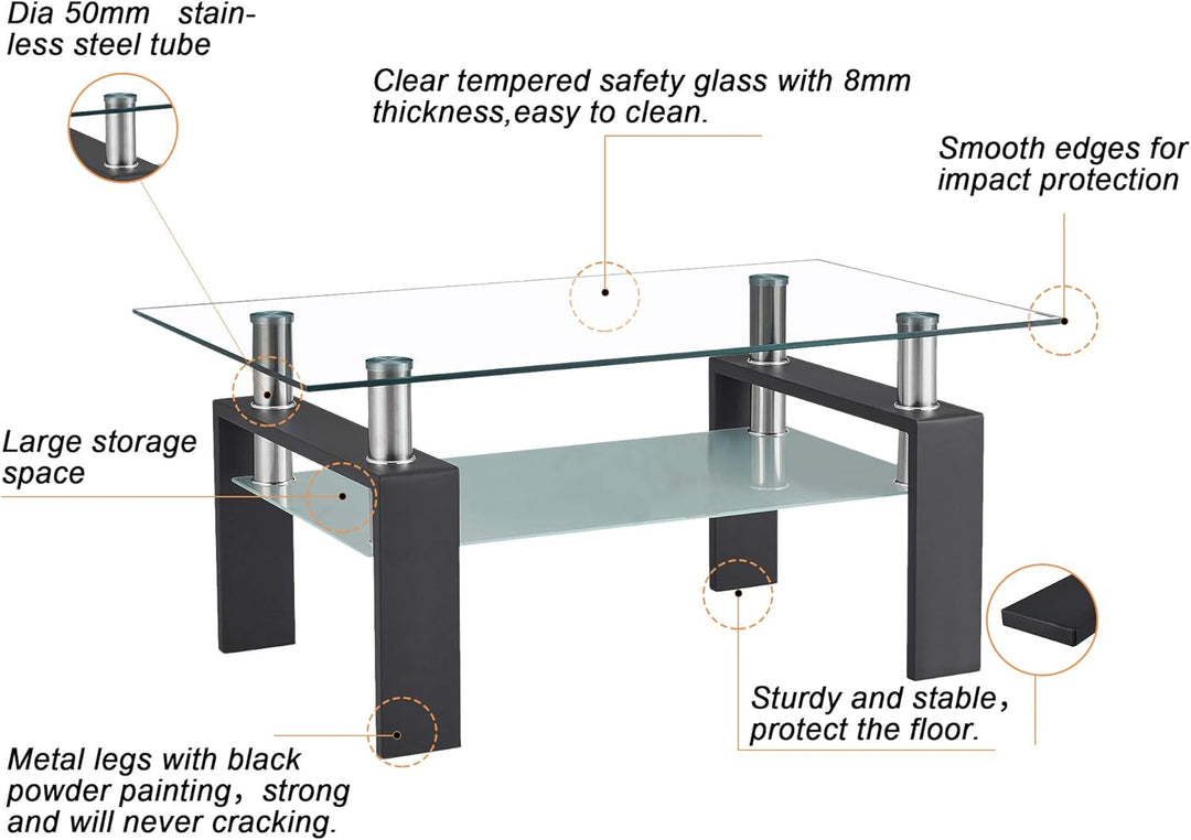 Stylish Black Glass Coffee Table, Clear Modern Side Tables