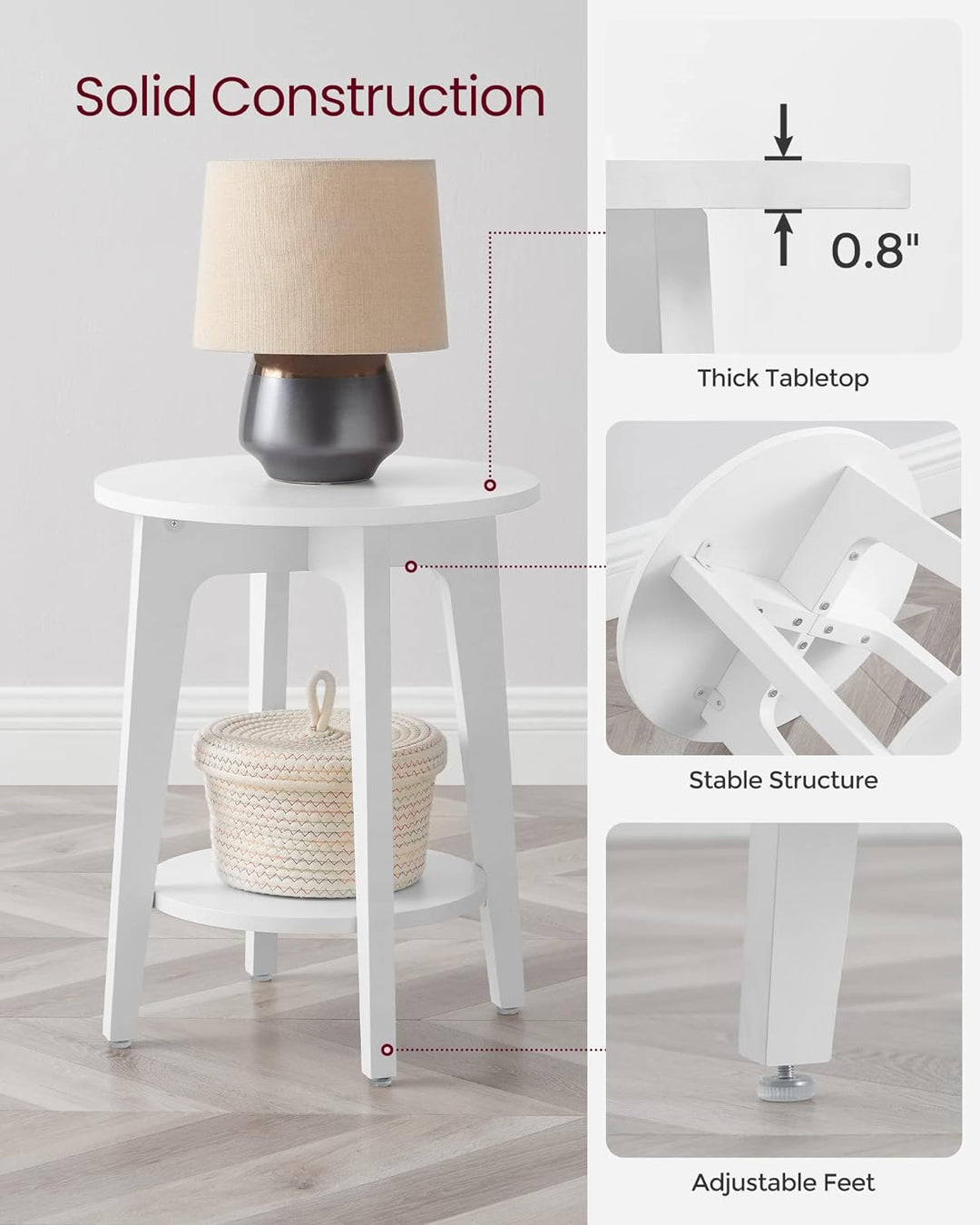 Round Side Table, End Table, Nightstand, White