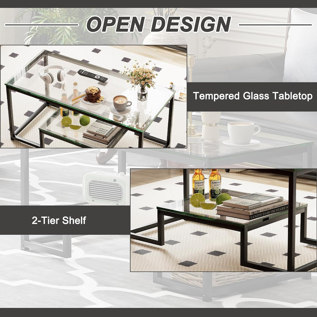 Coffee Table Black Glass 2 Tiers Rectangle Center Table