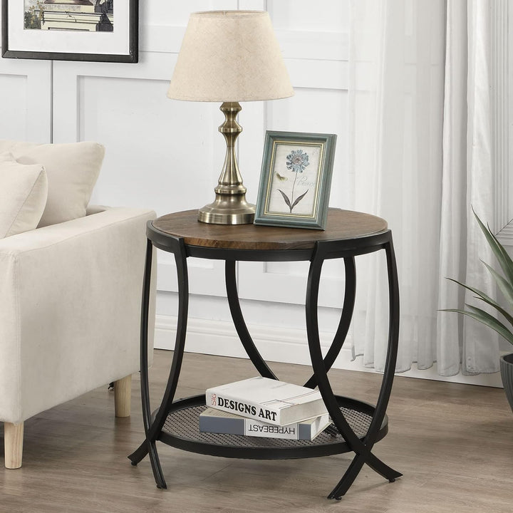 Industrial Round End Table, 2-Tier Side Table, Rustic