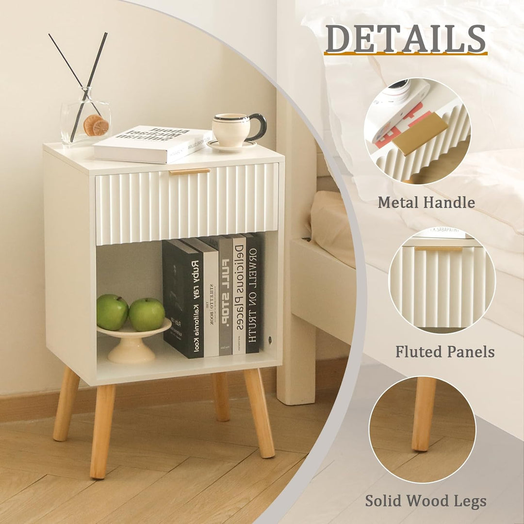 White Nightstand, Modern Bedside Table with Drawer Storage