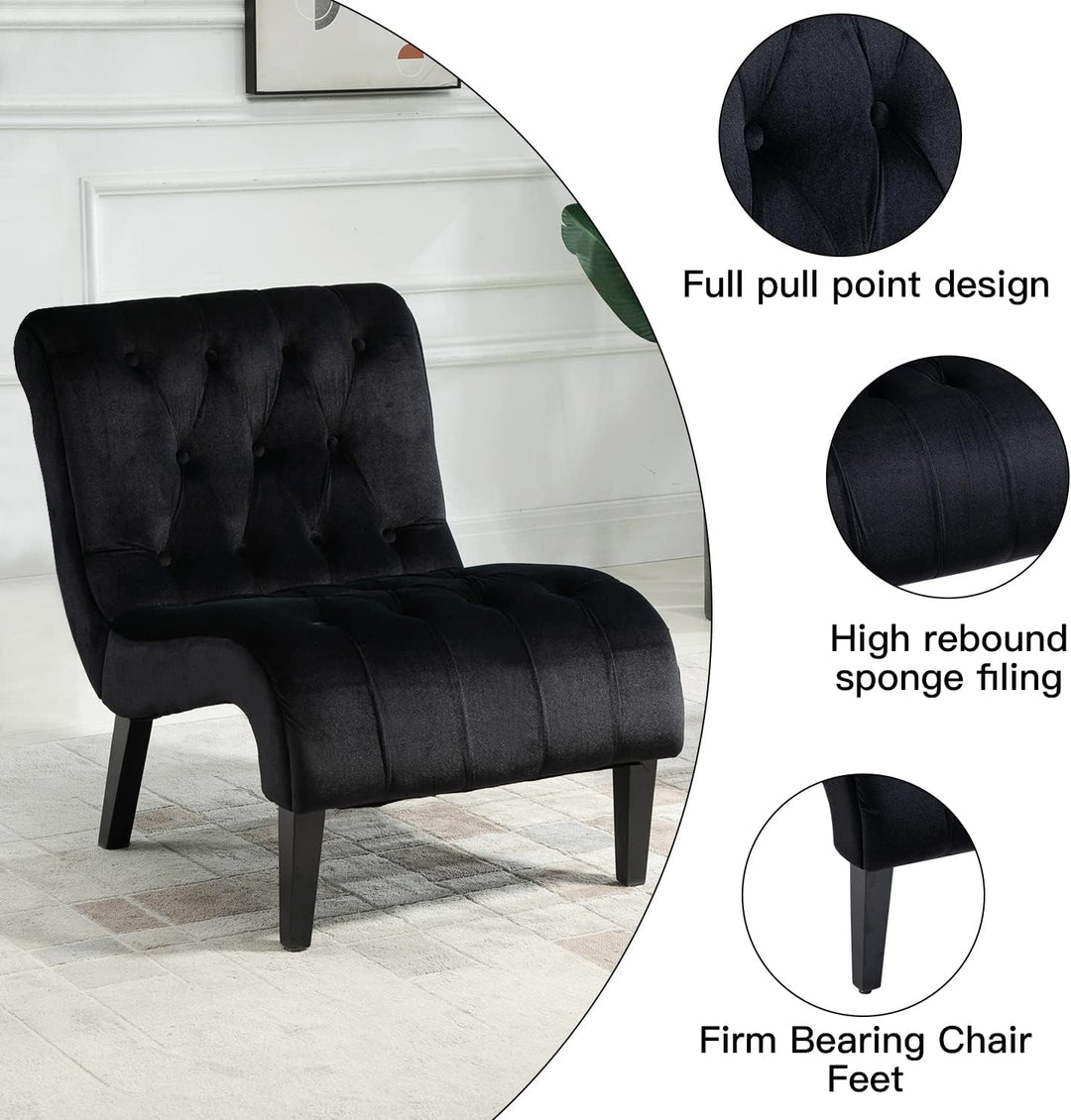 Armless Accent Chair Set of 2, Upholstered Button Tufted Living Room Chairs, Black