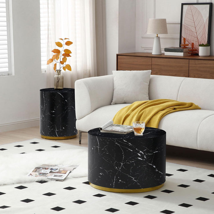 Modern Round Gold Drum Coffee Table, Black with Gold Rim, Marble