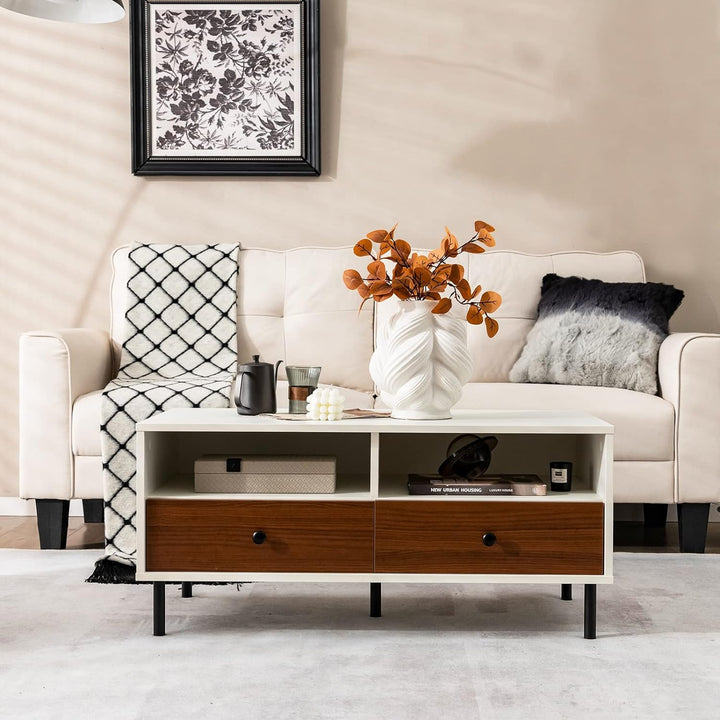 Rectangular Wood Coffee Table, 2-Tier Design, 2 Drawers, 2 Shelves, Brown