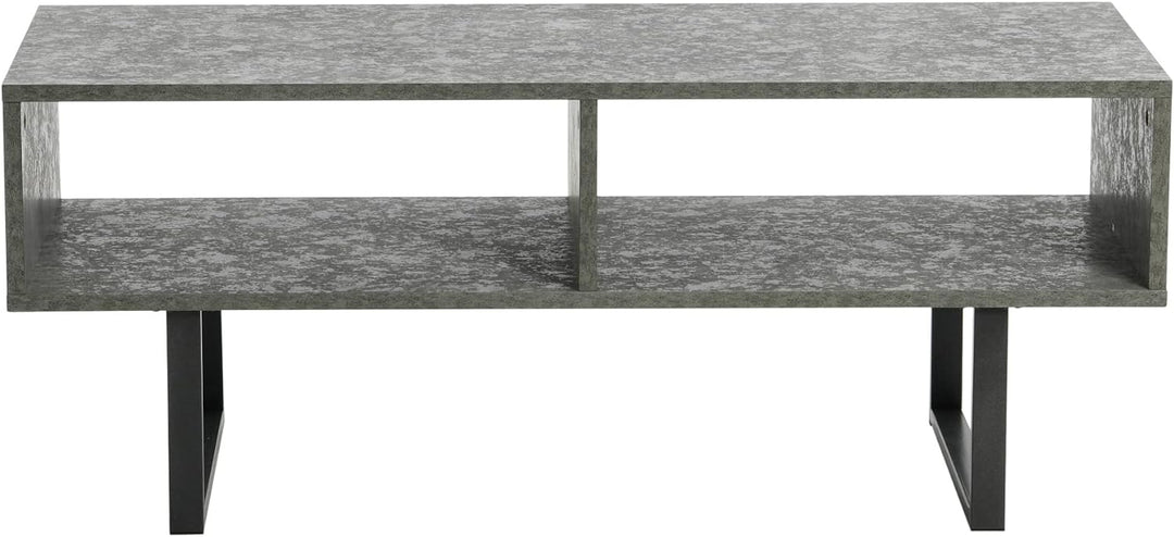 Rustic TV Stand Coffee Table with Storage, Slate Concrete, Black Metal