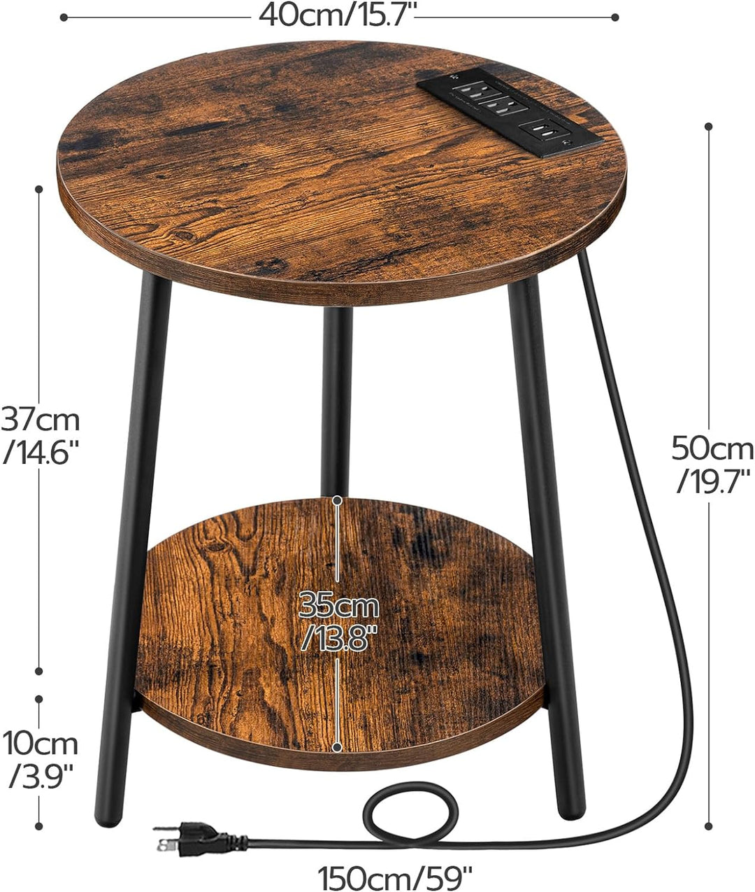 Round End Table w/ Charging Station, 2-Tier Rustic Brown