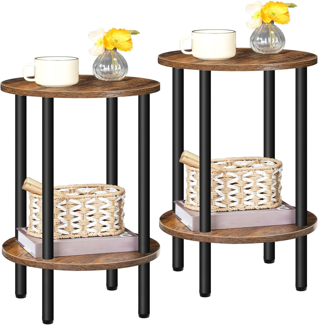 Round Side Table Set of 2, 2-Tier End Table, Rustic