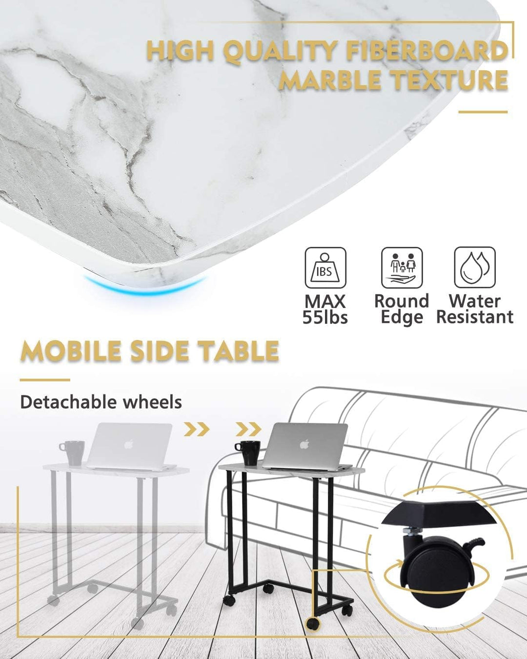 C Shaped End Table TV Trays, White Marble Texture Side Table