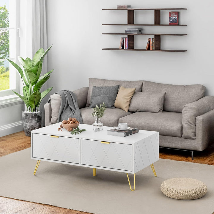 Scurrty Modern Coffee Table with Drawers, Open Shelves, Gold, White