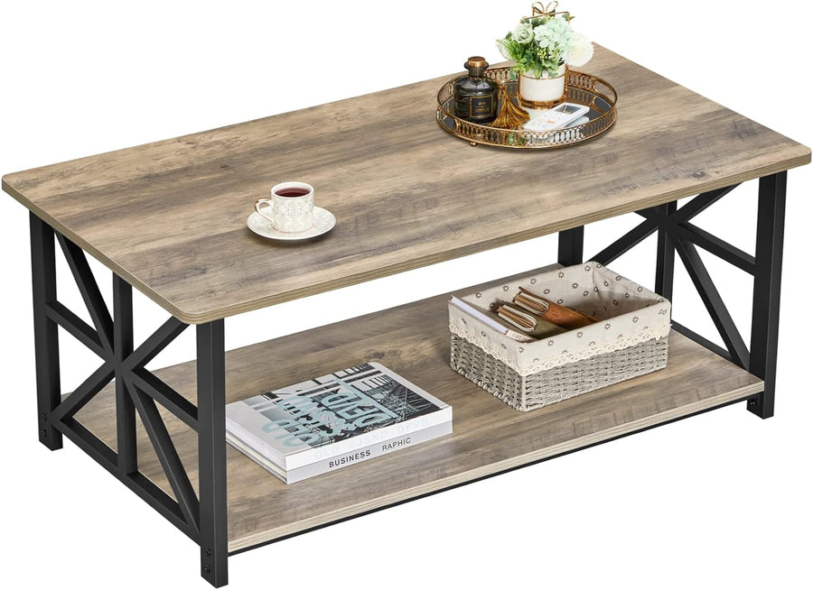 Farmhouse Coffee Table with Round Corners, Storage Shelf, Gray Wash