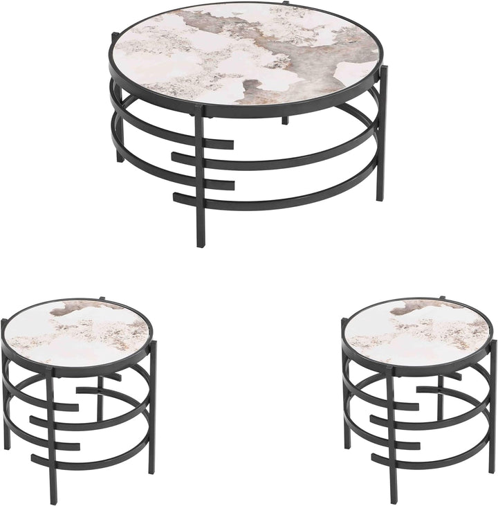 Sintered Stone Round Coffee Table Set, Black-3pcs