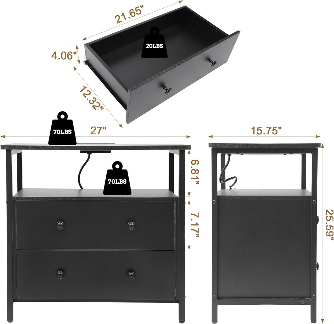 27" Nightstand w/Charging Station, 2 Drawers, Open Shelf