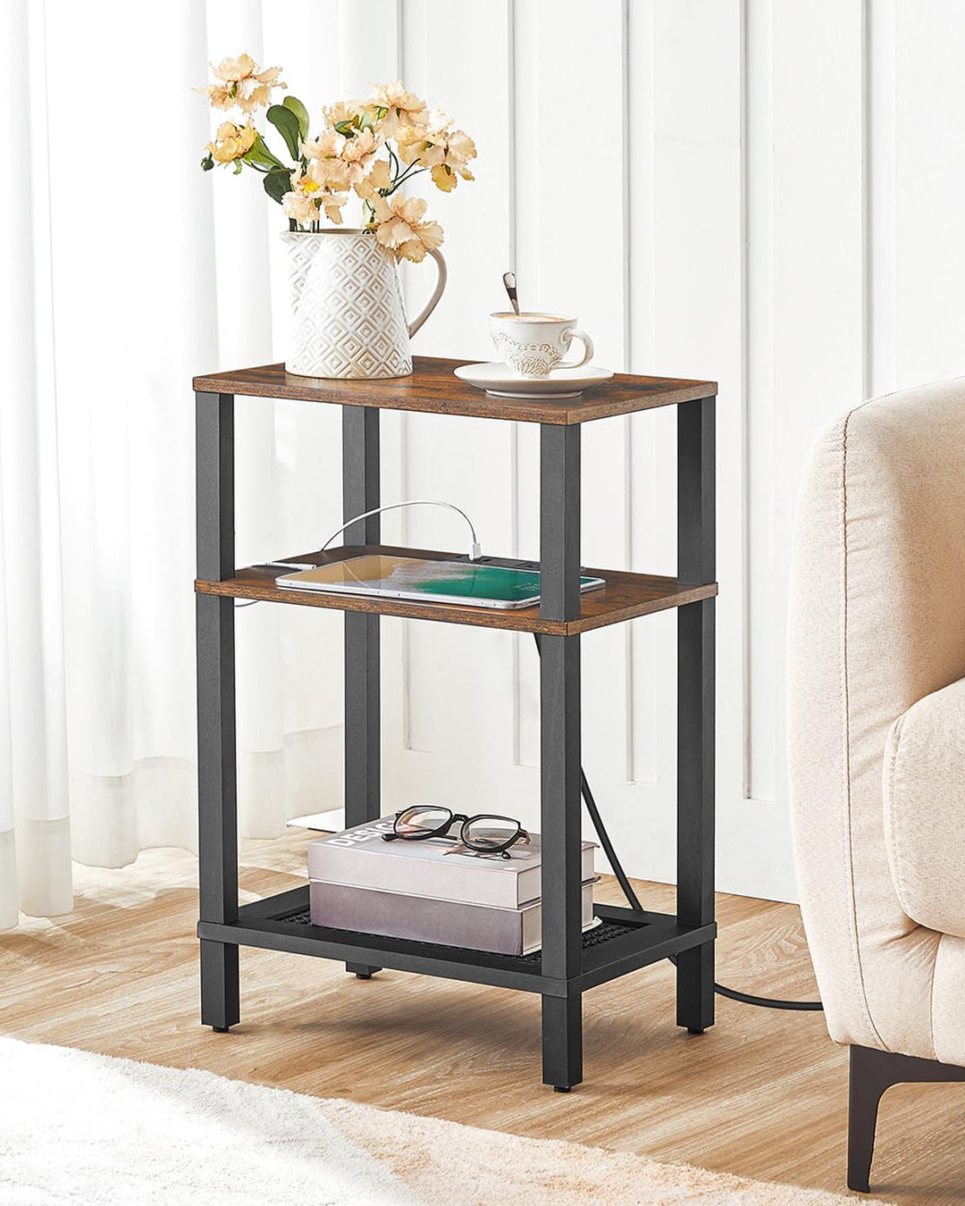 Side Table w/ Charging Station, 3-Tier Storage