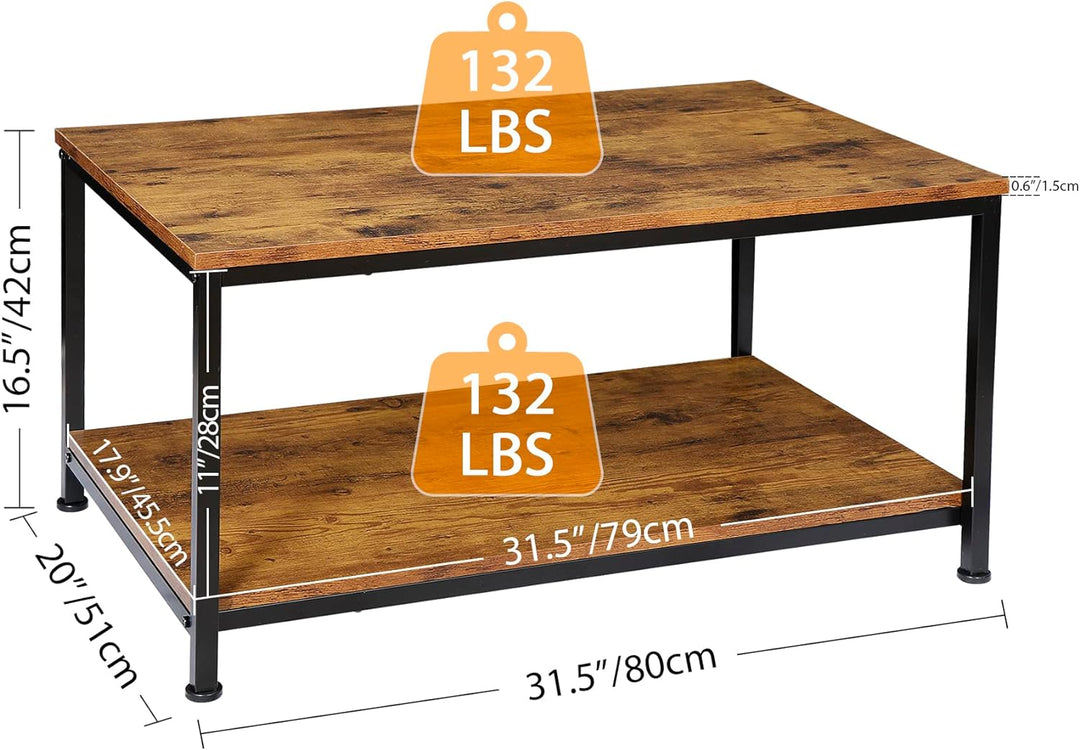 2-Tier Industrial Coffee Table with Storage Shelf, Retro Brown