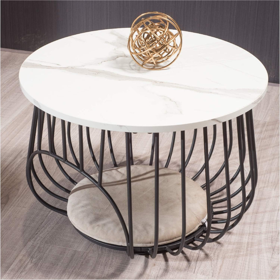 22" Round Coffee Table, Modern Cocktail Table, White Marble + Black