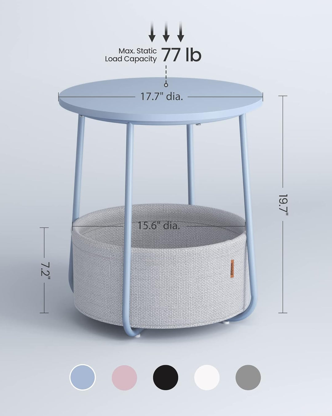 Small Round Side End Table, Fabric Basket, Pale Blue