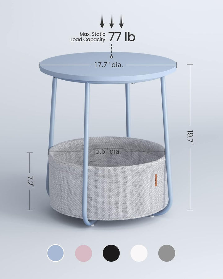 Small Round Side End Table, Fabric Basket, Pale Blue