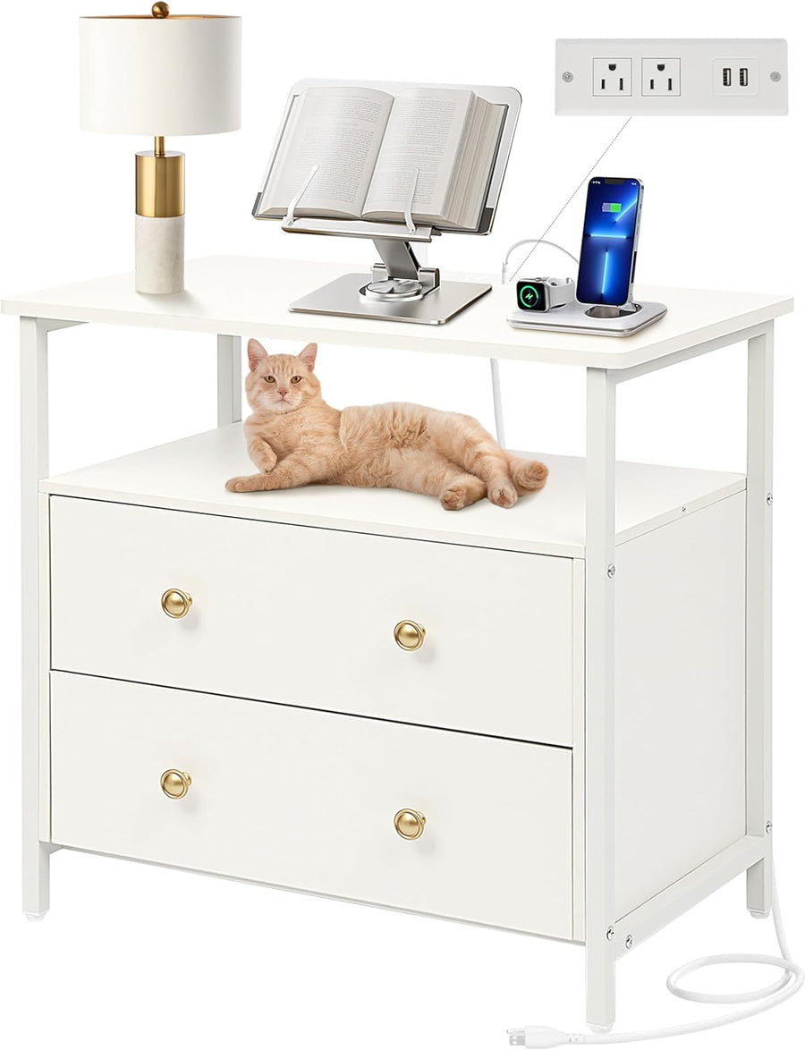 27" Nightstand w/ Charging Station, 2 Drawers, Open Shelf