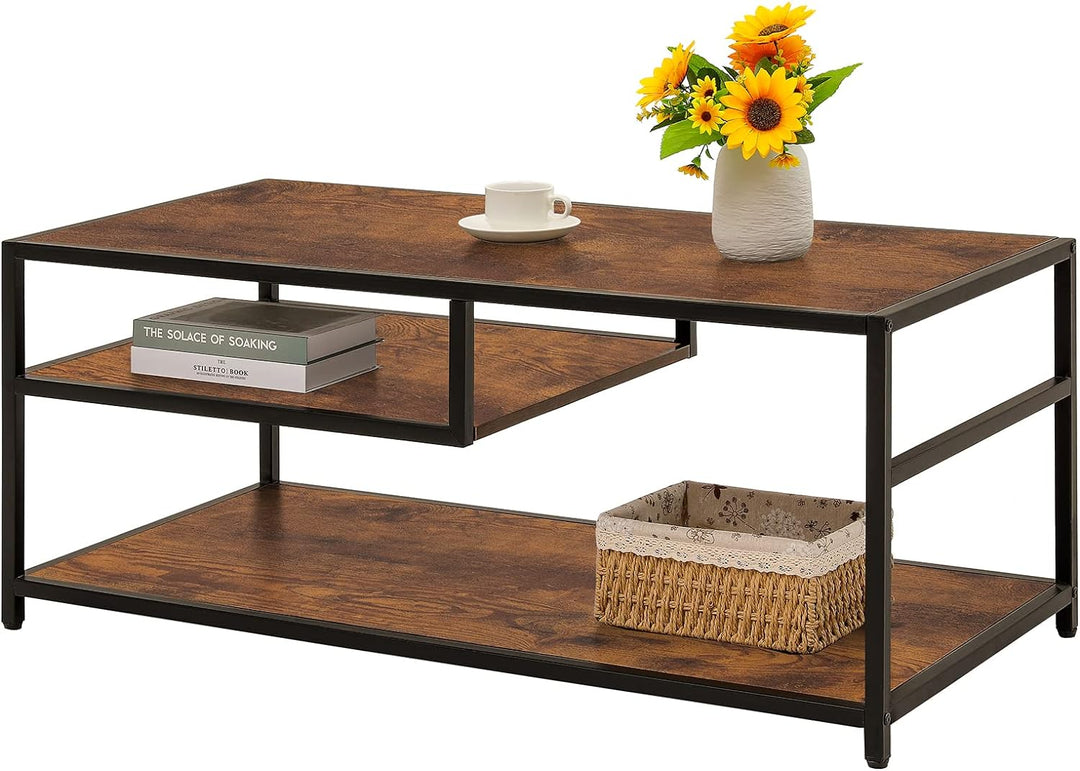 Rustic Industrial Coffee Table with Storage Shelves, Brownblack