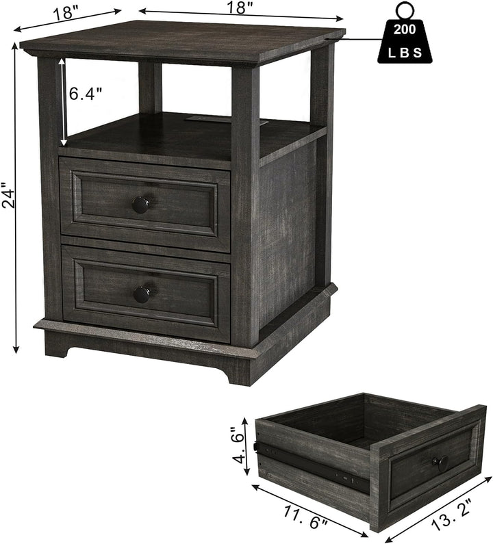 End Table w/ USB C Charging,24" Sofa Side Table,2 Drawers