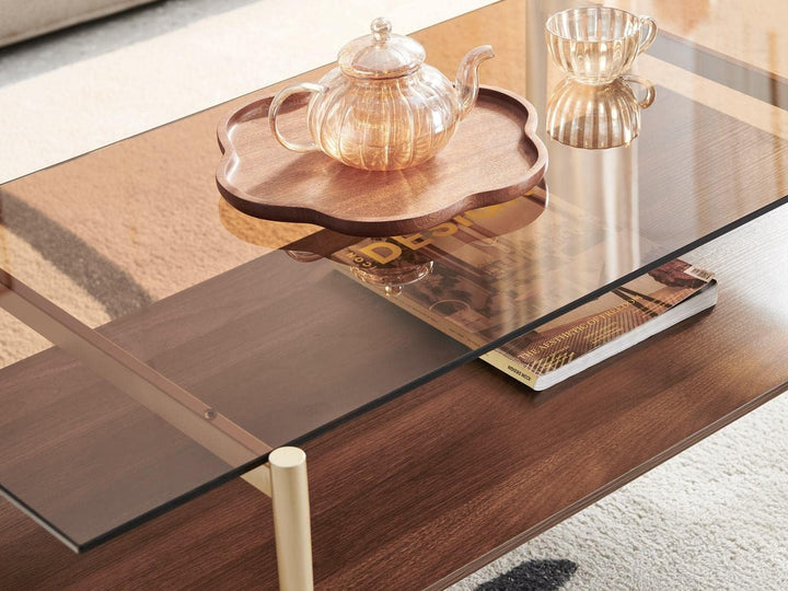 Elegant Double Layer Glass Coffee Table, Coffee Brown