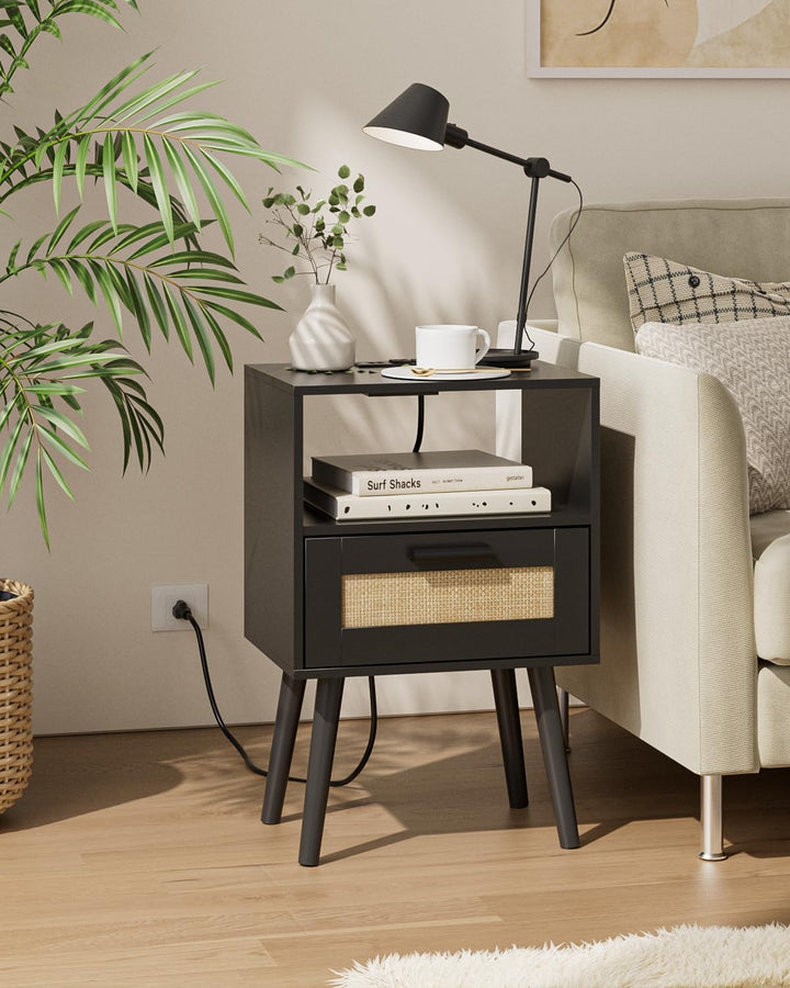 Rattan Nightstand w/ Charging Station, Storage Drawers