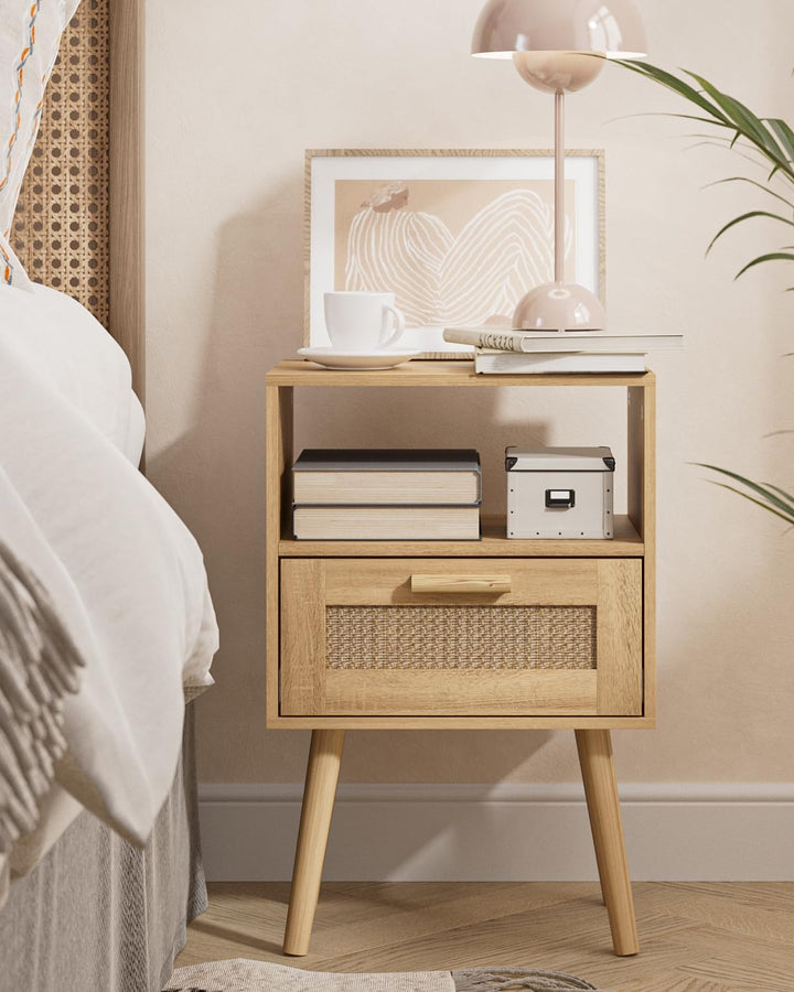 Rattan Nightstand, End Table with Storage for Bedroom