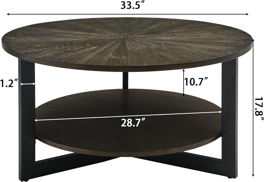 Rustic Round Coffee Table with Storage Shelf, Farmhouse Cocktail Table, Brushed Black