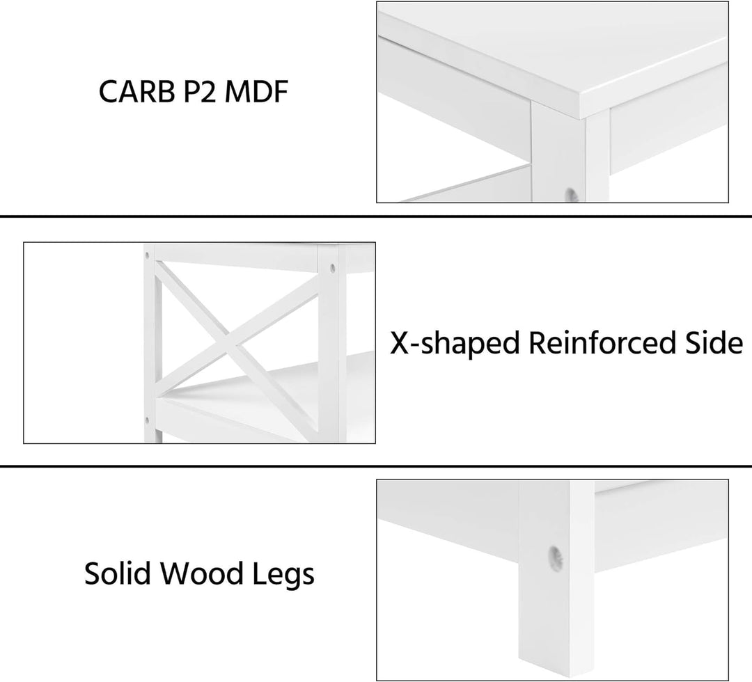 Stylish 2-Tier Wood Coffee Table with Storage Shelf, X-Shaped, White