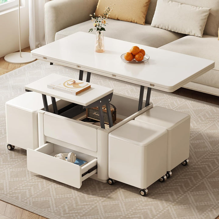 47.24" L Lift Top Coffee Table with 4 Stools, Hidden Storage, White